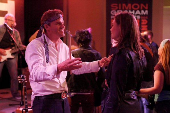 BONES: When Brennan (Emily Deschanel, R) and Booth (David Boreanaz, L) investigate the death of a rich adventure seeker, they are led to a rock-and-roll fantasy camp in the BONES episode "The Rocker in the Rinse Cycle" airing Thursday, April 29 (8:00-9:00 PM ET/PT) on FOX. ©2010 Fox Broadcasting Co. Cr: Greg Gayne/FOX BONES: When Brennan (Emily Deschanel, R) and Booth (David Boreanaz, L) investigate the death of a rich adventure seeker, they are led to a rock-and-roll fantasy camp in the BONES episode "The Rocker in the Rinse Cycle" airing Thursday, April 29 (8:00-9:00 PM ET/PT) on FOX. ©2010 Fox Broadcasting Co. Cr: Greg Gayne/FOX