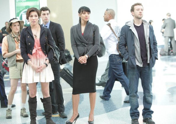 BONES: L-R: Daisy (guest star Carla Gallo), Angela (Michaela Conlin), Sweets (John Frances Daley), Cam (Tamara Taylor) and Hodgins (TJ Thyne) watch as Brennan and Booth leave Washington, D.C. to take temporary jobs in the BONES season finale episode "The Beginning in the End" airing Thursday, May 20 (8:00-9:00 PM ET/PT) on FOX. ©2010 Fox Broadcasting Co. Cr: Adam Taylor/FOX BONES: L-R: Daisy (guest star Carla Gallo), Angela (Michaela Conlin), Sweets (John Frances Daley), Cam (Tamara Taylor) and Hodgins (TJ Thyne) watch as Brennan and Booth leave Washington, D.C. to take temporary jobs in the BONES season finale episode "The Beginning in the End" airing Thursday, May 20 (8:00-9:00 PM ET/PT) on FOX. ©2010 Fox Broadcasting Co. Cr: Adam Taylor/FOX