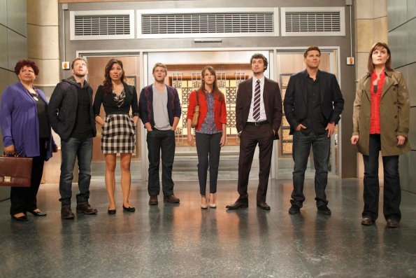 BONES:  Brennan (Emily Deschanel, R), Booth (David Boreanaz, second from R) and the Jeffersonian team are shocked to see what the lab has turned into while they have been away in the BONES season premiere episode "The Mastodon in the Room" airing Thursday, Sept. 23 (8:00-9:00 PM ET/PT) on FOX.  (Pictured L-R: Patricia Belcher, TJ Thyne, Michaela Conlin, Michael Grant Terry, Carla Gallo and John Francis Daley).  ©2010 Fox Broadcasting Co.  Cr:  Greg Gayne/FOX