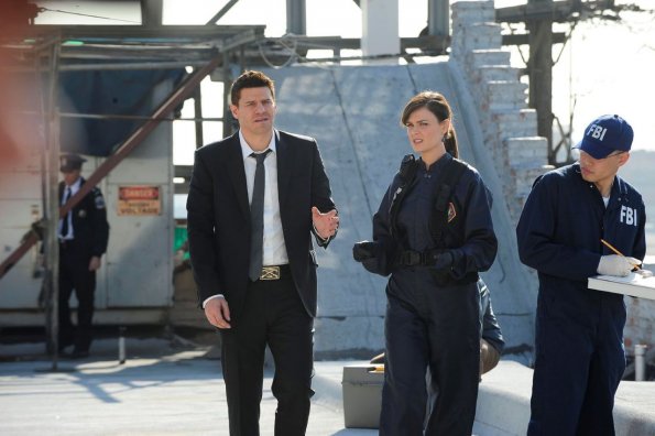 BONES:  Brennan (Emily Deschanel, R) and Booth (David Boreanaz, L) investigate the death of a BMX biker in "The Daredevil in the Mold" episode of BONES airing Thursday, Feb. 10 (9:00-10:00 PM ET/PT) on FOX.  ©2011 Fox Broadcasting Co.  Cr:  Ray Mickshaw/FOX
