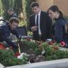 BONES:  Brennan (Emily Deschanel, R), Booth (David Boreanaz, C) and Hodgins (TJ Thyne, L) investigate remains found in a planter at a newly built community center in &quot;The Pinocchio in the Planter&quot; episode of BONES airing Thursday, April 28 (9:00-10:00 PM ET/PT) on FOX.  &#xa9;2011 Fox Broadcasting Co.  Cr:  Ray Mickshaw/FOX