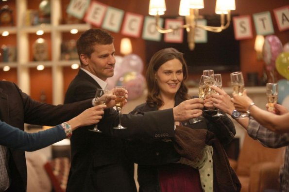 BONES:  Brennan (Emily Deschanel, R) and Booth (David Boreanaz, L) return home with their new baby in &quot;The Prisoner in the Pipe&quot; Spring Premiere episode of BONES airing Monday, April 2 (8:00-9:00 PM ET/PT) on FOX.  &#xa9;2012 Fox Broadcasting Co.  Cr:  Patrick McElhenney/FOX