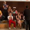 GLEE: Members of the glee club watch Jake (Jacob Artist (back toward camera) perform in the "Guilty Pleasures" episode of GLEE airing Thursday, March 21 (9:00-10:00 PM ET/PT) on FOX. ©2013 Fox Broadcasting Co. Pictured L-R: Blake Jenner, Heather Morris, Becca Tobin, Darren Criss, Alex Newell, Melissa Benoist, Kevin McHale and Jenna Ushkowitz. CR: Jennifer Clasen/FOX