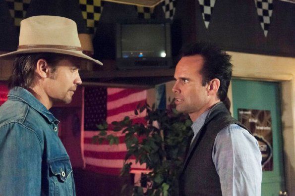 JUSTIFIED -- Ghosts -- Episode 13 (Airs Tuesday, April 2, 10:00 pm e/p) -- Pictured: (L-R) Timothy Olyphant as Deputy U.S. Marshal Raylan Givens, Walton Goggins as Boyd Crowder  -- CR: Prashant Gupta/FX