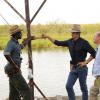 JUSTIFIED -- A Murder of Crowes -- Episode 501 (Airs Tuesday, January 7, 10:00 pm e/p) -- Pictured: (L-R) Edi Gathegi as Jean Baptiste, Timothy Olyphant as Deputy U.S. Marshal Raylan Givens, David Koechner as Deputy Marshall Gregg Sutter -- CR: Guy D'Alama/FX