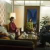 Robert Morse as Bertram Cooper, Christina Hendricks as Joan Harris, Christine Garver as Moira, John Slattery as Roger Sterling and Harry Hamlin as Jim Cutler - Mad Men _ Season 7, Episode 2 - Photo Credit: Jordin Althaus/AMC