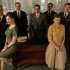 The cast of Mad Men: Roger Sterling (John Slattery), Joan (Christina Hendricks), Ken (Aaron Staton), Don Draper (Jon Hamm), Harry (Rich Sommer), Peggy (Elisabeth Moss), Paul (Michael Gladis) and Pete (Vincent Kartheiser)