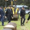 "Twofer" -- NCIS is called in to investigate when the body of a missing Navy Lieutenant who disappeared a year and a half ago is located by a cemetery grounds crew while they are relocating caskets on the property. Also, Gibbs and McGee must pass a psych evaluation with Doctor Grace Confalone (Laura San Giacomo) before officially resuming all work responsibilities, on NCIS, Tuesday, Oct. 3 (8:00-9:00 PM, ET/PT) on the CBS Television Network. Pictured: Brian Dietzen, Sean Murray, Mark Harmon, Wilmer Valderramma.    Photo: Patrick McElhenney/CBS ÃÂ©2017 CBS Broadcasting, Inc. All Rights Reserved