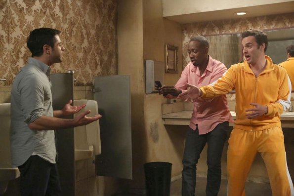 NEW GIRL:  Nick (Jake Johnson, R) and Winston (Lamorne Morris, C) take Cece's fiance, Shivrang (guest star Satya Bhabha, L) out to the bar in the &quot;Bachelorette Party&quot; episode of NEW GIRL airing Tuesday, April 9 (9:00-9:30 PM ET/PT) on FOX. &#xa9;2013 Fox Broadcasting Co.  Cr: Patrick McElhenney/FOX