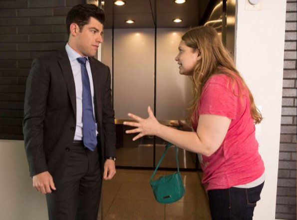 NEW GIRL:  Elizabeth (guest star Merritt Wever, R) confronts Schmidt (Max Greenfield, L) in the &quot;Winston's Birthday&quot; episode of NEW GIRL airing Tuesday, May 7 (9:00-9:30 PM ET/PT) on FOX. &#xa9;2013 Fox Broadcasting Co. Cr:  Jennifer Clasen/FOX
