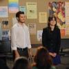 NEW GIRL:  Jess (Zooey Deschanel, R) introduces a new teacher (guest star Julian Morris, L) to the school staff in the "Landline" episode of NEW GIRL airing Tuesday, Oct. 14 (9:00-9:30 PM ET/PT) on FOX.  ©2014 Fox Broadcasting Co.  Cr:  Ray Mickshaw/FOX