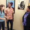 NEW GIRL:  Jess (Zooey Deschanel, L) comes clean to Winston (Lamorne Morris, C) and Sergeant Dorado (guest star Cleo King, R) in the "Background Check" episode of NEW GIRL airing Tuesday, Nov. 4 (9:00-9:30 PM ET/PT) on FOX.  ©2014 Fox Broadcasting Co.  Cr: Adam Taylor/FOX