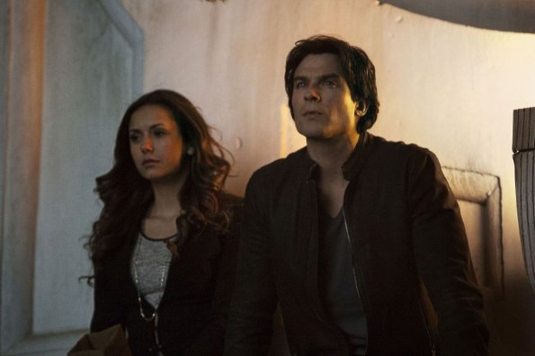 The Vampire Diaries -- "I\'d Leave My Happy Home for You" -- Image Number: VD620a_0010.jpg -- Pictured (L-R): Nina Dobrev as Elena and Ian Somerhalder as Damon -- Photo: Wilford Harewood/The CW -- ÃÂ© 2015 The CW Network, LLC. All rights reserved.