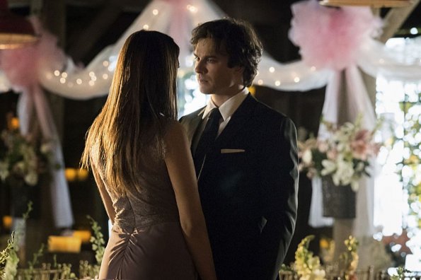 Vampire Diaries -- "I\'ll Wed You in The Golden Summertime" -- Image Number: VD621a_0330.jpg -- Pictured (L-R): Nina Dobrev as Elena and Ian Somerhalder as Damon -- Photo: Tina Rowden/The CW -- ÃÂ© 2015 The CW Network, LLC. All rights reserved.